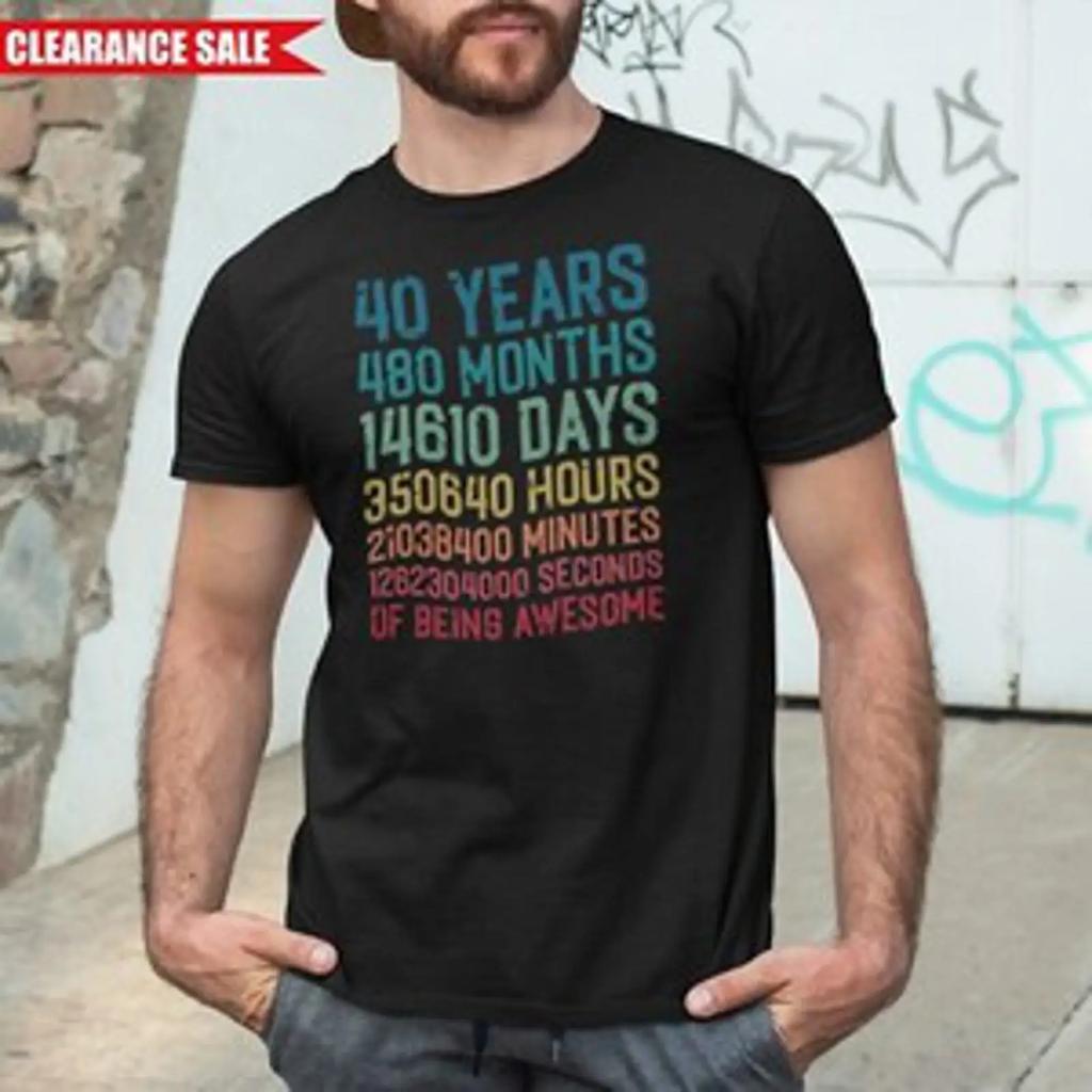 40th Birthday T-Shirt 1984 Printed 480 Months Being Awesome Black Top Vintage Stretched Comfortable Graphic