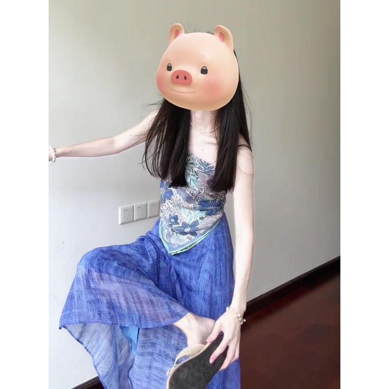 Super Beautiful Holiday Style Set Women Summer Blue Print Backless Sling Top Casual Wide-Leg Pants Two-piece Set