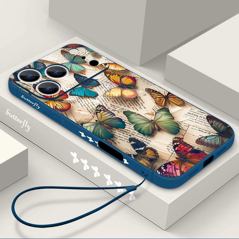 Colorful Butterfly Pattern Lanyard Case For iPhone 17 Pro Max Funda iPhone 16 15 14 13 Pro Max 11 16E 17E Soft Silicone Cover