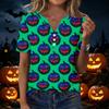Women's Casual Halloween Print V Neck Short Sleeve Button Front T Shirt Lightweight Top for Everyday Wear