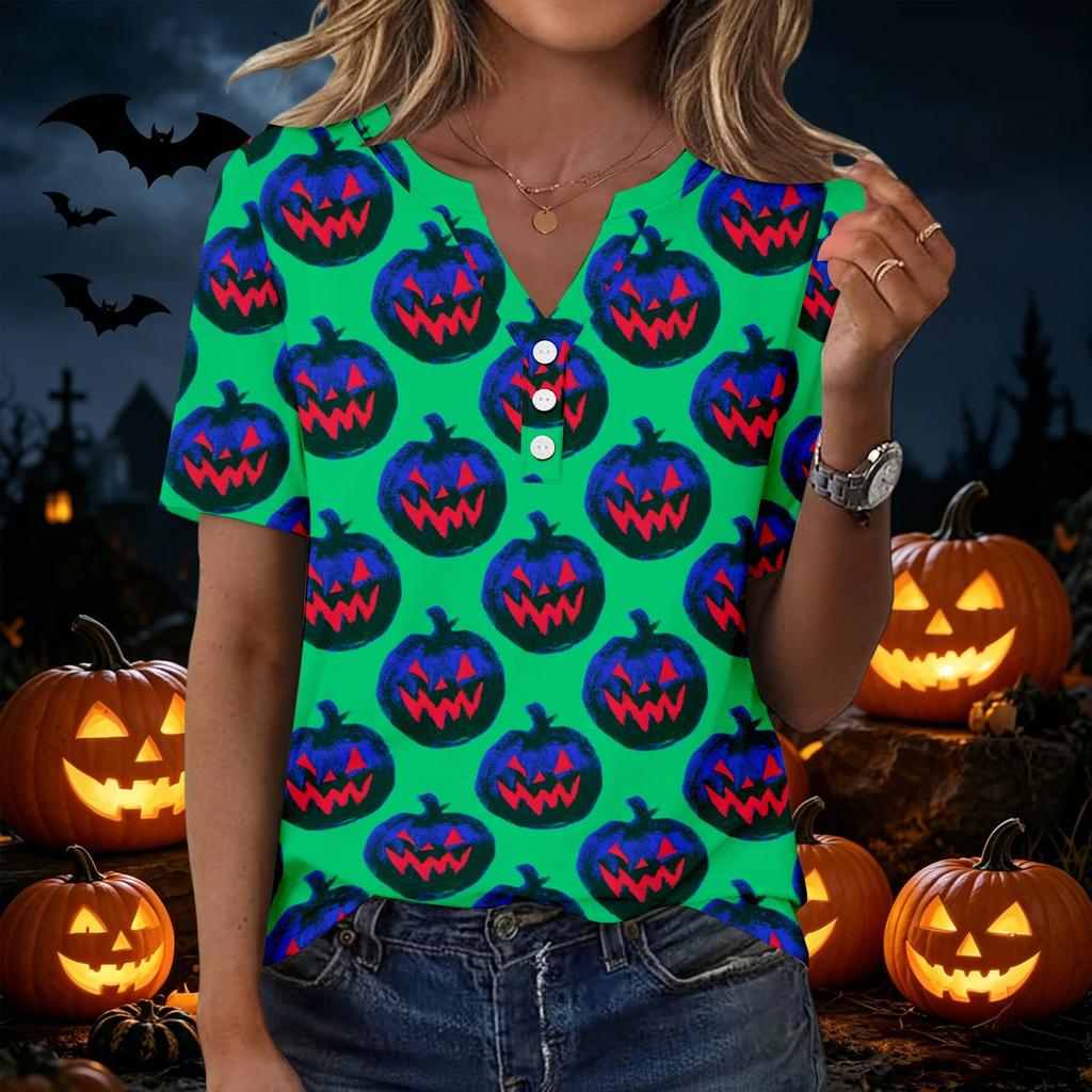 Women's Casual Halloween Print V Neck Short Sleeve Button Front T Shirt Lightweight Top for Everyday Wear