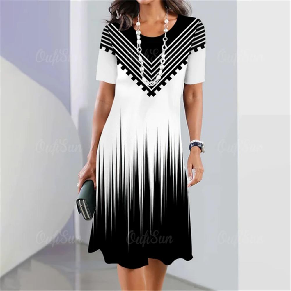Plus Size Women Dress Summer 3D Patchwork Print Short Sleeve Dress Elegant Loose Casual A-Line Dress Ladies Large Size Sundress
