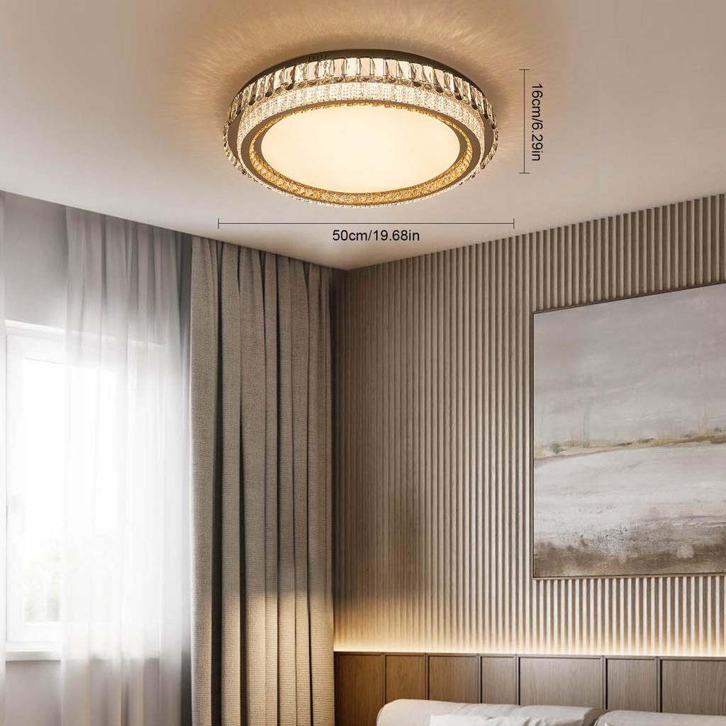 9.68in Modern Round LED Crystal Ceiling Light Fixture, 36W 3-Color Dimmable Flush Mount Chandelier for Bedroom, Kitchen Lighting