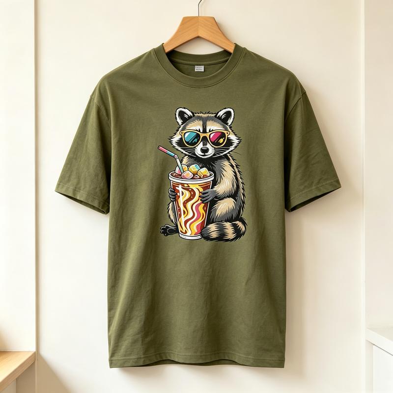 American Cartoon Pop Art Cool Raccoon Sunglasses Iced Coffee Graphic Crew Neck T Shirt Unisex Unisex Unisex Cotton Short Sleeve Top