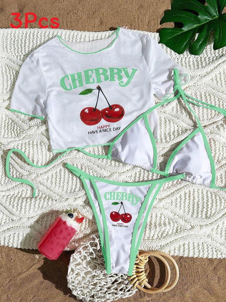 Women Short Sleeve Bikini Set With Printed Pattern For Swimming And Water Sports