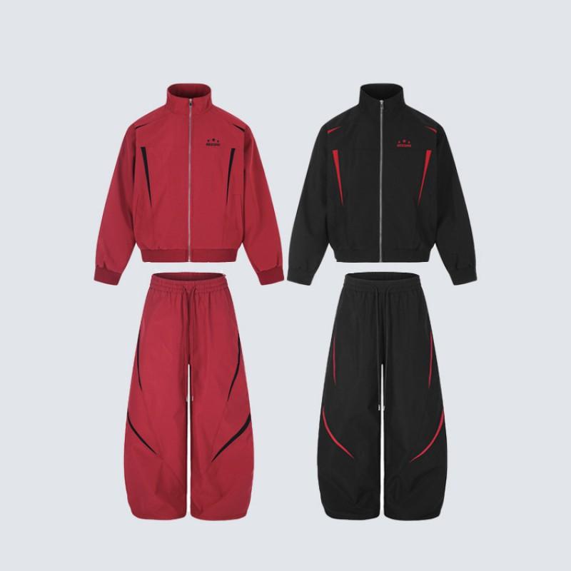 Unisex Sporty Color-Block Windbreaker Jacket Wide-Leg Cargo Pants Set Casual Activewear Outfit