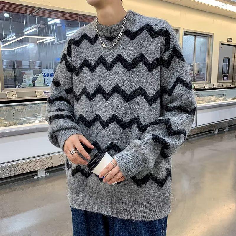 

Полосатый свитер для мужчин, элитный, ленивая пара, универсальный, модный, толстый, плотный, зимний, в стиле Гонконга, ретро-шикарный свитер, модный 2XL