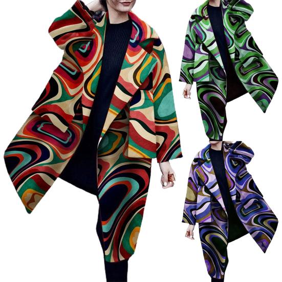 

Женское пальто с отложным воротником, объемный кардиган с волнистым принтом, тренч для покупок