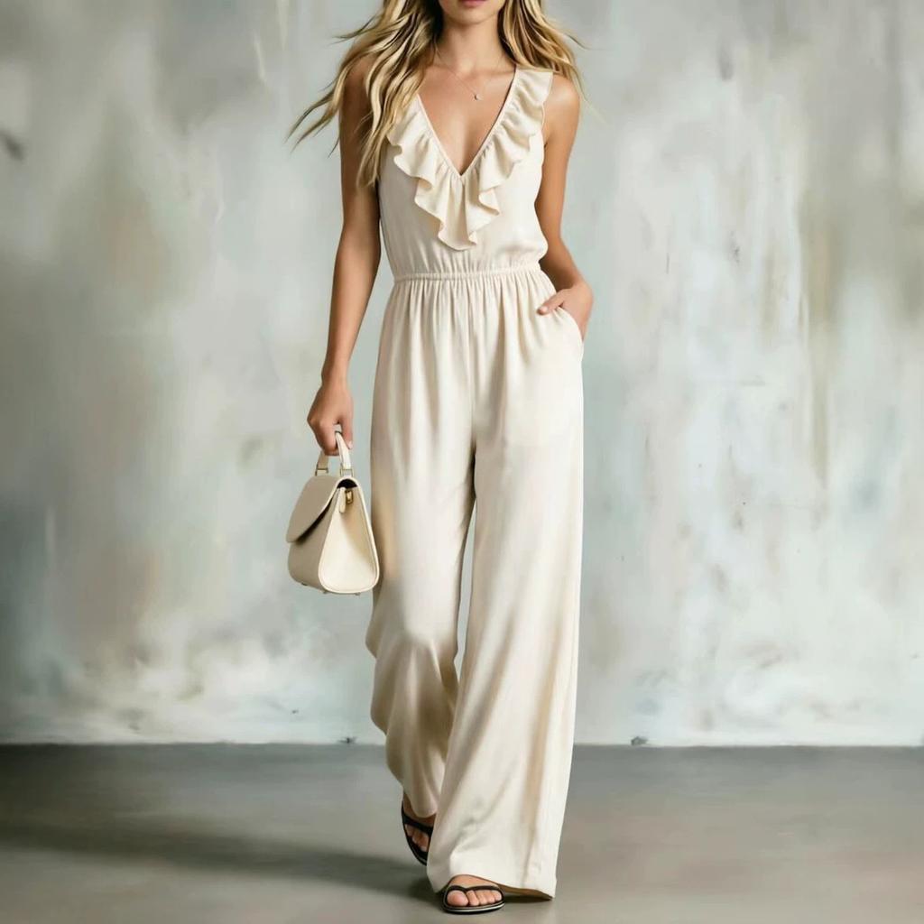 2026 European and American cross-border Amazon's new ruffle edge V-neck temperament fashionable and elegant slim women's jumpsuit
