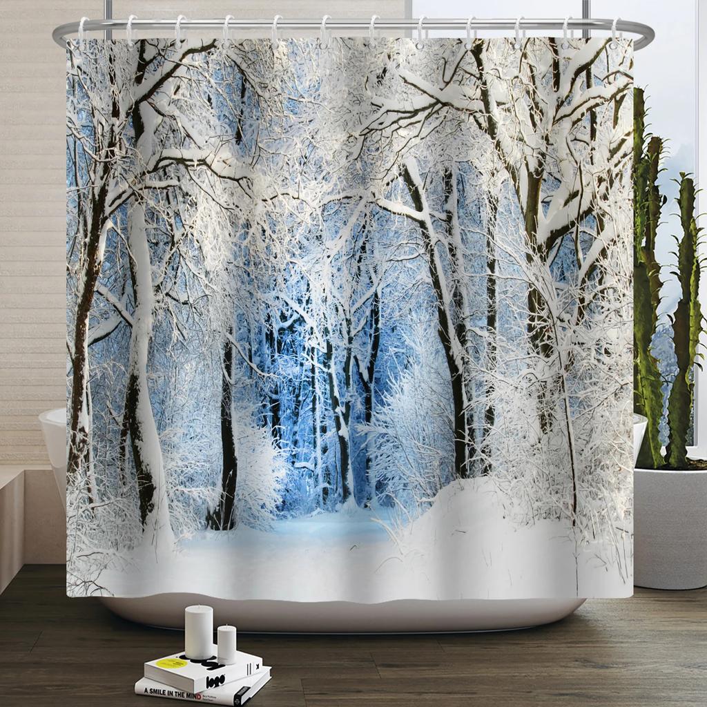 Christmas Shower Curtain Xmas Tree Winter Forest Snow Cute Snowman Bathroom Shower Curtain Waterproof Bath Curtain With Hook