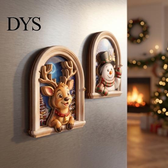 Holiday Party Home Decor Arch Wooden Christmas Fridge Magnet Set, Window Frame Refrigerator Decorative Magnets Magnetic for Metal Surface, Festive