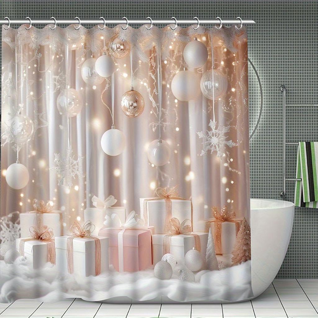 4Pcs Xmas Pink Bath Set, Elegant Holiday Scene Curtain, 12 Hooks, Non-Slip Mat, U-Shaped Toilet Cover, Perfect Xmas Gift