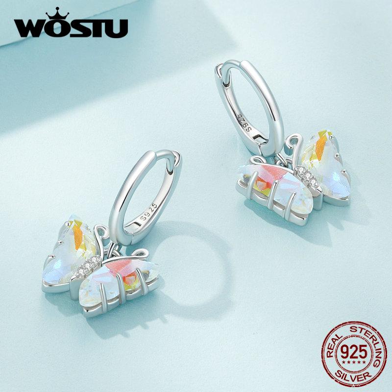 WOSTU 925 Sterling Silver Jemné barevné motýlkové náušnice pro ženy Jemné šperky Dárek k narozeninám