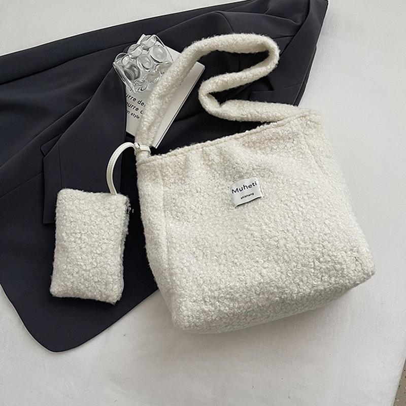 

Yogodlns Women s Solid Color Imitation Sherpa Warm Plush Shoulder Bag with Inner Pocket Vintage Crossbody Handbag for Work & Travel 30x12x31cm бежевый