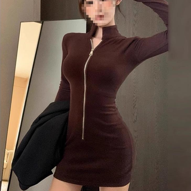 Elegant Solid Color Bodycon Zipper Dress for Women - Autumn/Winter Slimming Short Skirt