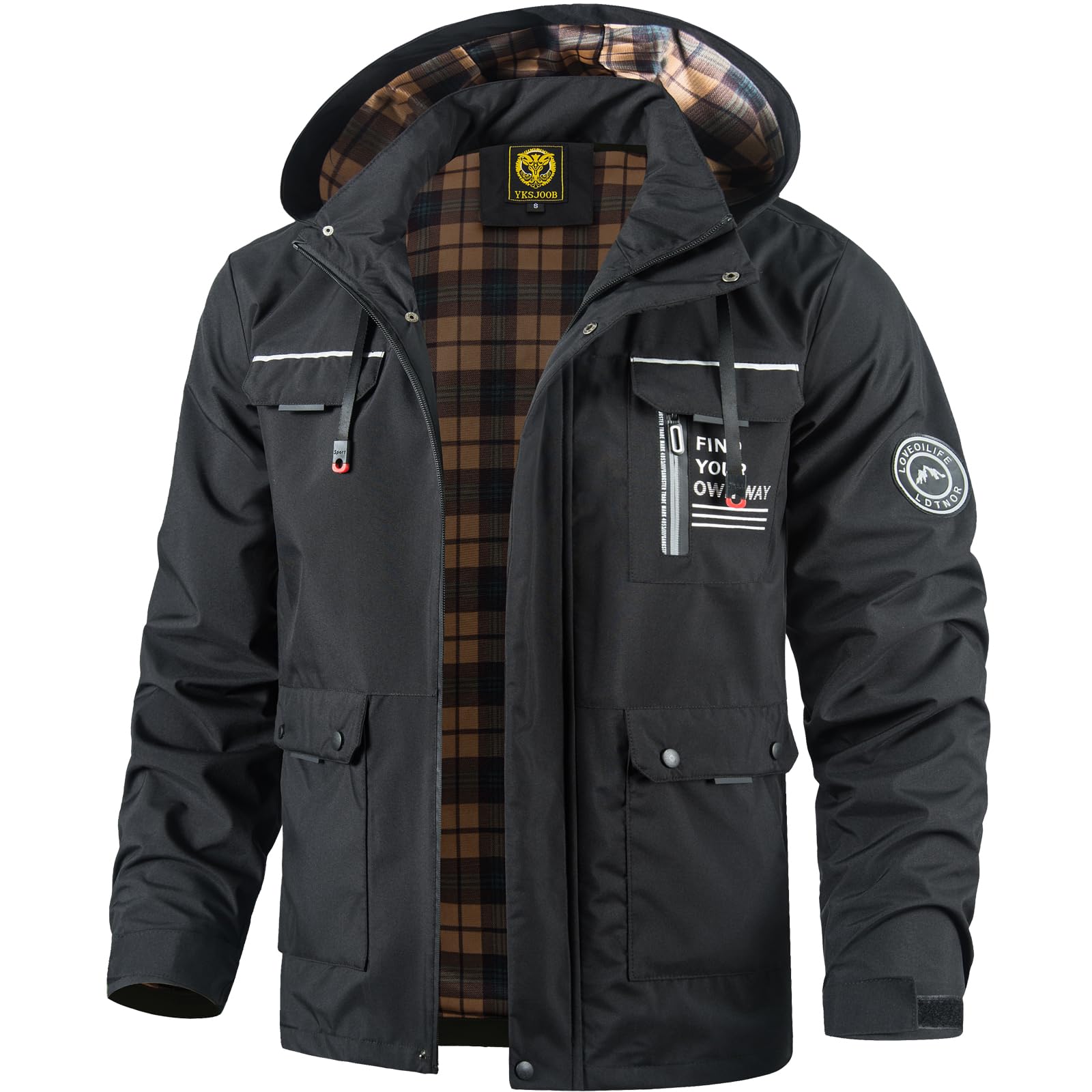 

YKS JOOB Men s Lightweight Softshell Jacket, Waterproof and Windproof, with Detachable Hood, Tactical Jacket for Hiking, Spring/Autumn, Black, Size S