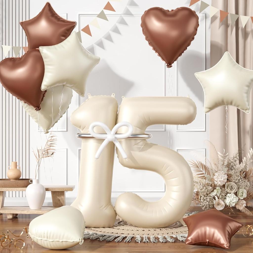 13 Pcs40inch Digital Love Pentagram Aluminum Film Balloon Set 10~21 Years Old Number Cream White Number for Birthday Party Decor