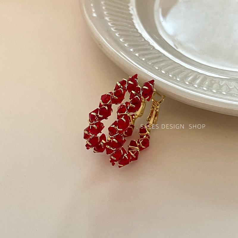 Korean Style Red Zirconia Hoop Earrings - Sparkly, Luxurious, Fashionable, and Versatile Accessories for Women