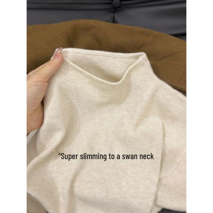 Fufu Korean Style Blue Slim-Fit Knitted Sweater, Semi-High Neck, Soft and Cozy Top for Autumn and Winter 2026.