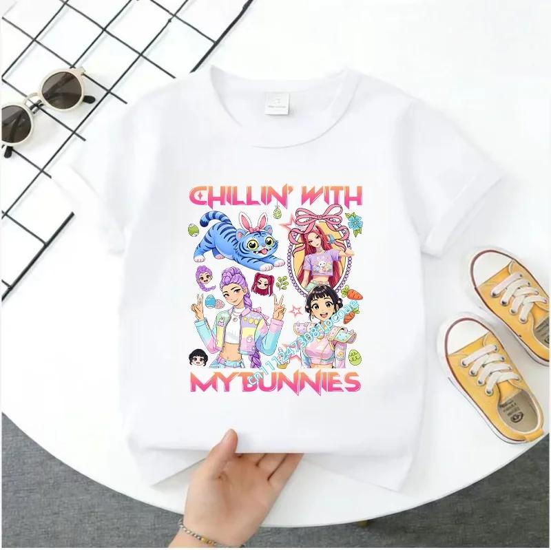 Summer Short-sleeved Cute Style Series K-pop Demon Hunters Children's Polyester T-shirt for Girls, Cute Sports Shirt for Girls