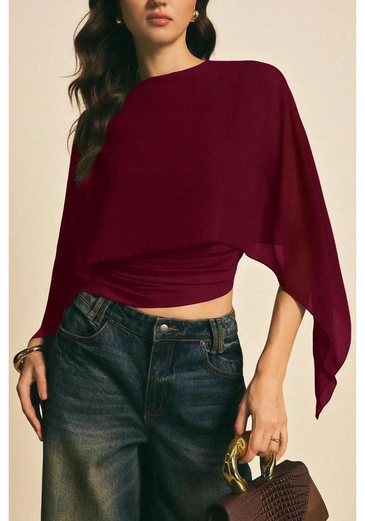 2026 Summer Women's Cape Sleeve Chiffon Top: Round Neck, Loose, Elegant Irregular Design