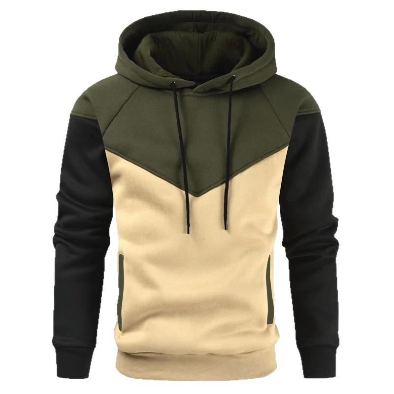 New Men's Hoodie Sweater Autumn and Winter Plus Velvet Warm Color Block Casual and Fashionable Versatile Sports Pullover Top
