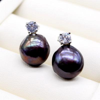 Zwarte parel oorbellen Onregelmatige barokke parel Zilveren oorbellen Cubic Zirconia oorbellen Vintage sieraden Dames oorbellen