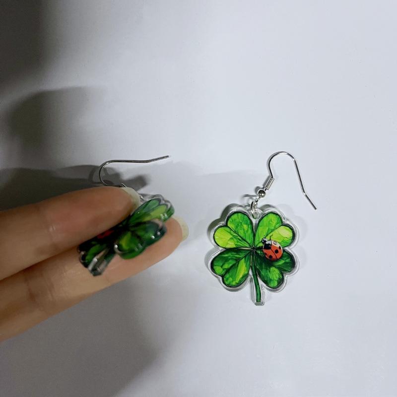 St. Patrick's Day Green Four-Leaf Clover Ladybug Acrylic Earrings