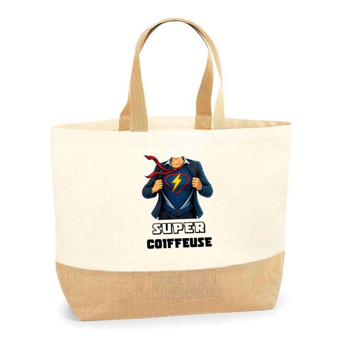Tote bag - PLANETEE - Sac jute Super Coiffeuse Femme - Jute naturel - Multicolore imprimé - Fabriqué en France