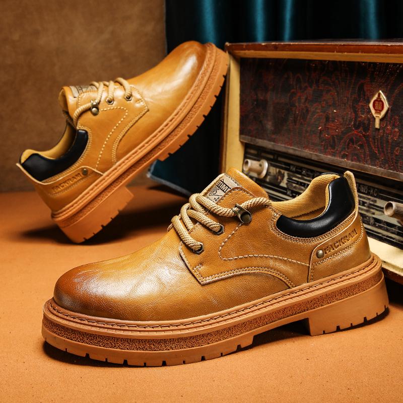 Fashion Men Casual Leather Shoes Luxury Brand Thick Bottom  Lace Up Business Shoes British Style Outsole Casual Work Outdoor Boots