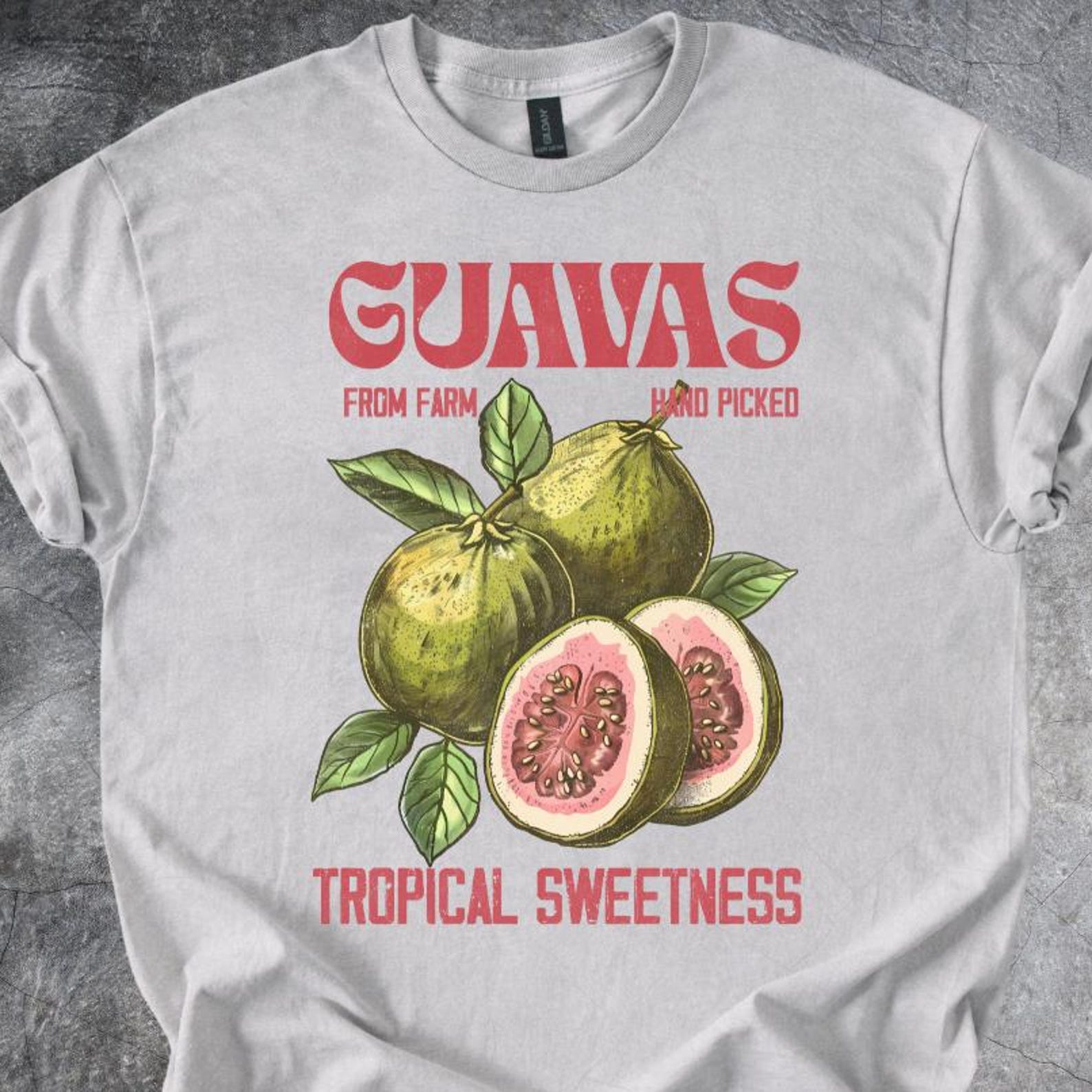 Guava Fruit Shirt Tropical Illustration Graphic Tshirt Cotton Crewneck Tee Light Gray 140