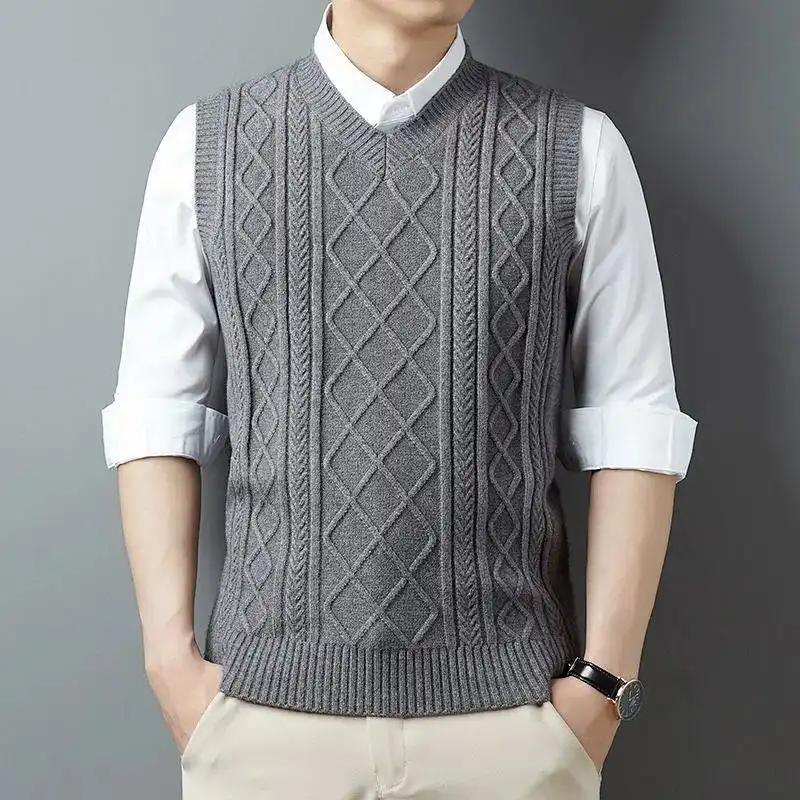 Men's Cable Knit Vest V-neck Sleeveless Autumn Business Casual Fashion Warm Knitwear Outerwear