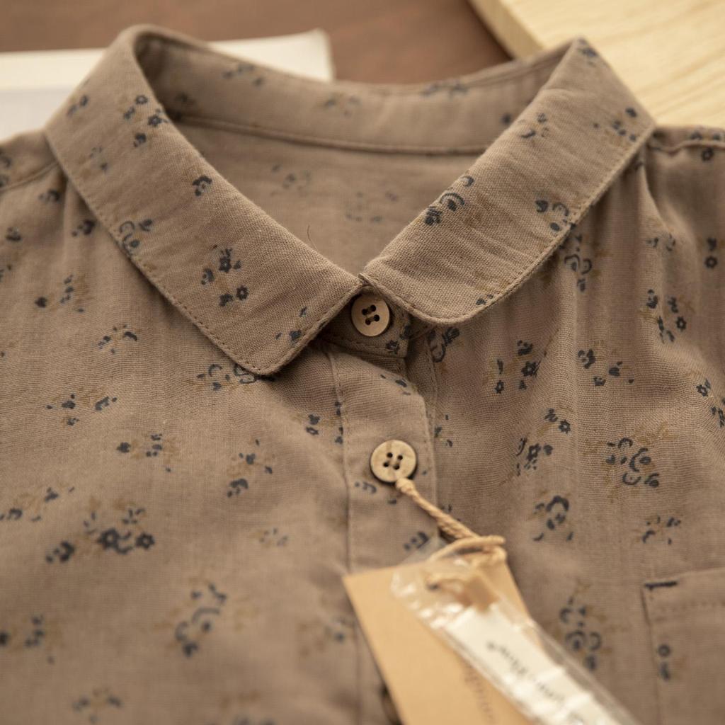 Spring Yuanbao Collar Floral Print Double Layer Gauze Cotton Shirt - Women's Loose Cotton Linen Style