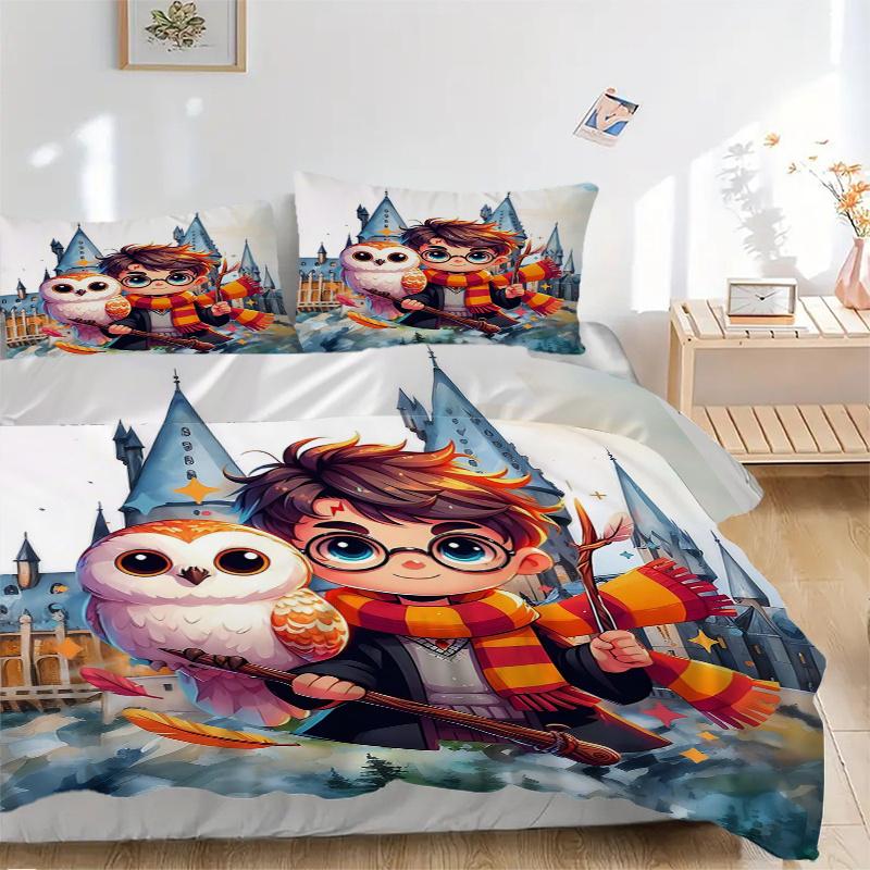 3pcs Harry Potter with Hedwig Quilt Set Cartoon Themed Bed Quilt Set Lovely Character Bedroom Decor Bed Quilt Set Four Seasons (1 Cover + 2Pillow