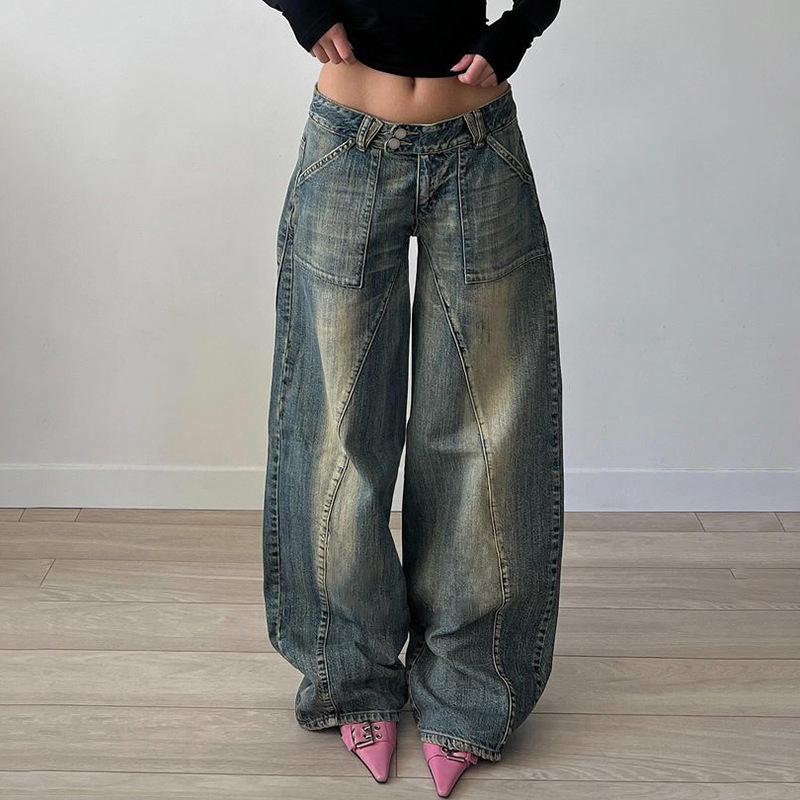 Washed Loose Fit Casual Jeans Pocket Straight Pants