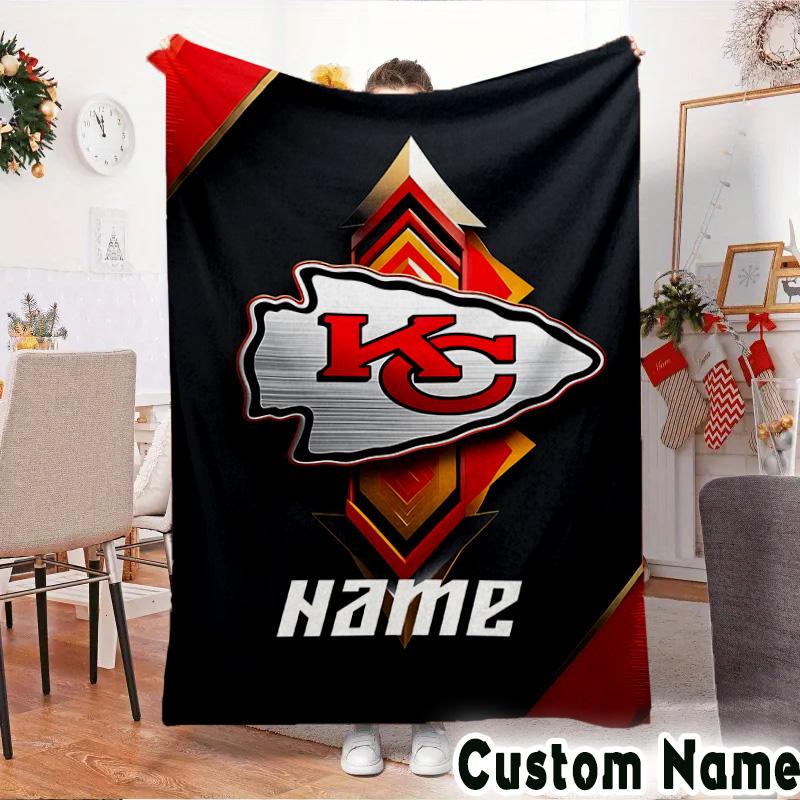 Custom Name Kansas City Chiefs Logo Throws Blanket Flannel Blankets for Couch Bed Gifts for Men Women Picnic Blanket Christmas Fan Gifts