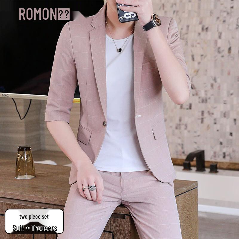 

Romon Men s 3/4 Sleeve Plaid Suit Set M