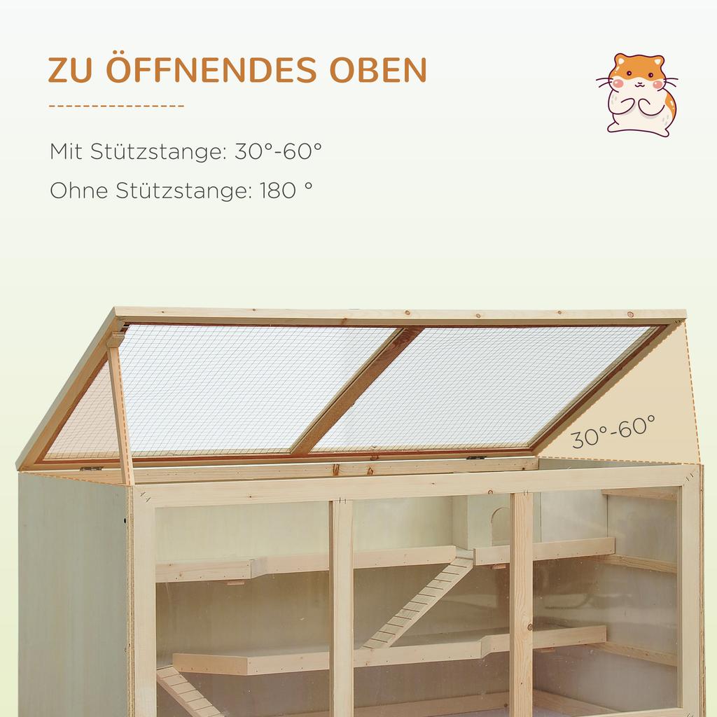 Wooden Hamster Cage, Small Animals Hutch with Tray, Openable Top, Exercise Play House Pen, 115L x 57W x 55Hcm, Natural