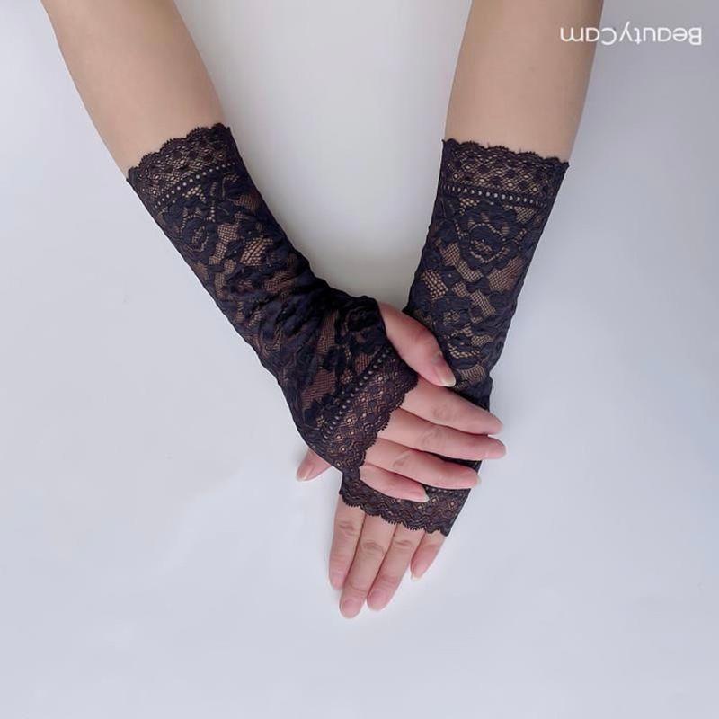 

Lace Driving Sun Protection Gloves Short Summer Ice Silk Women s Half Finger Scar Cover Gloves Sailor Dance Gloves for Performance 24cm open finger sleeve black One size