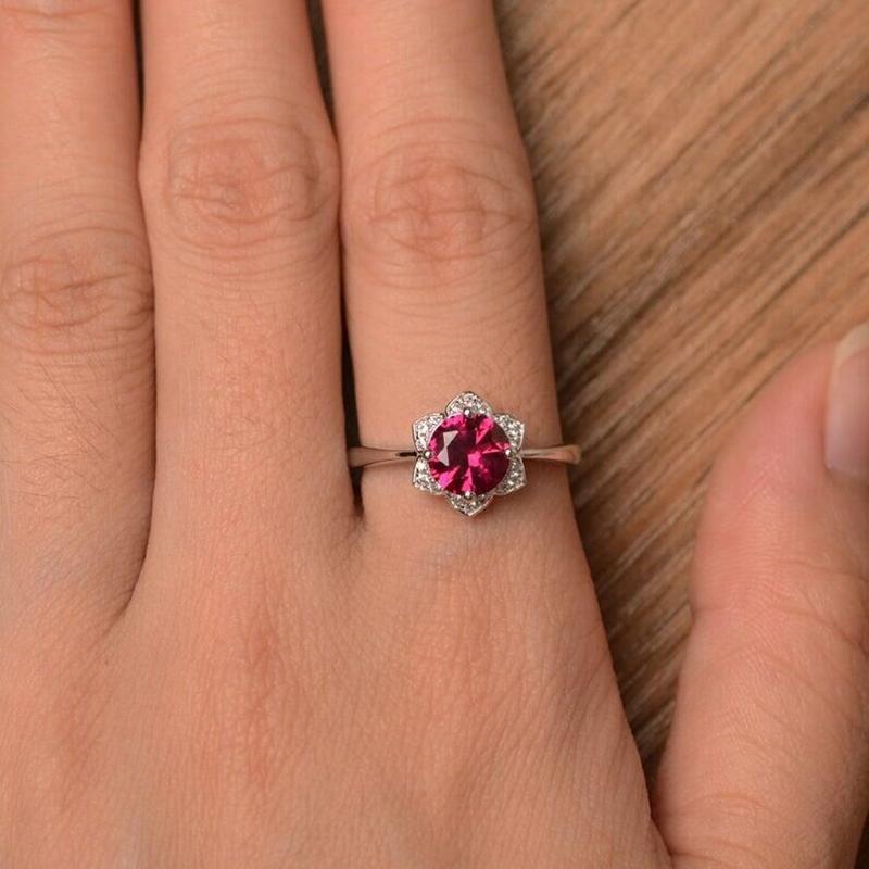 Utimtree New 925 Sterling Silver Red Crystal Ring With Bling Zircon Stone For Women Fashion Jewelry Wedding Engagement Rings