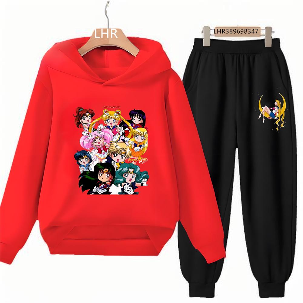 Autumn Hoodie Sailor Moon Print Kids Girl Pink 3-12 Years Sweatshirt+Trousers Sports Pullover Coat Leisure Fashion Anime Set