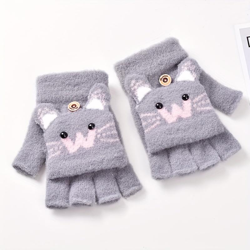 Fleece Knitted Gloves for And with Half Finger Cute Cartoon Thickened Flap To Keep Warm In Autumn and Winter Korean Version To Prevent Cold
