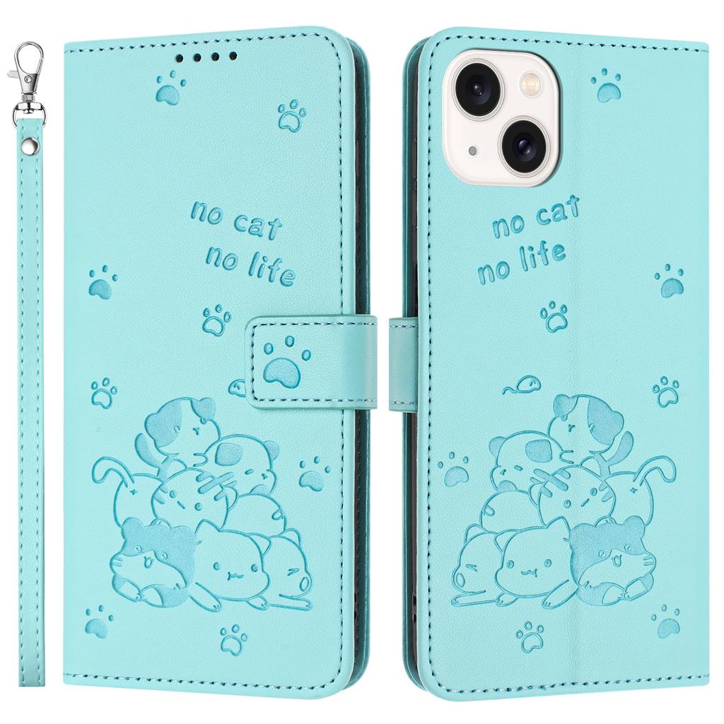 For iPhone 15 Plus/14 Plus Case with Strap Cats Imprint Leather Wallet Phone Cover
