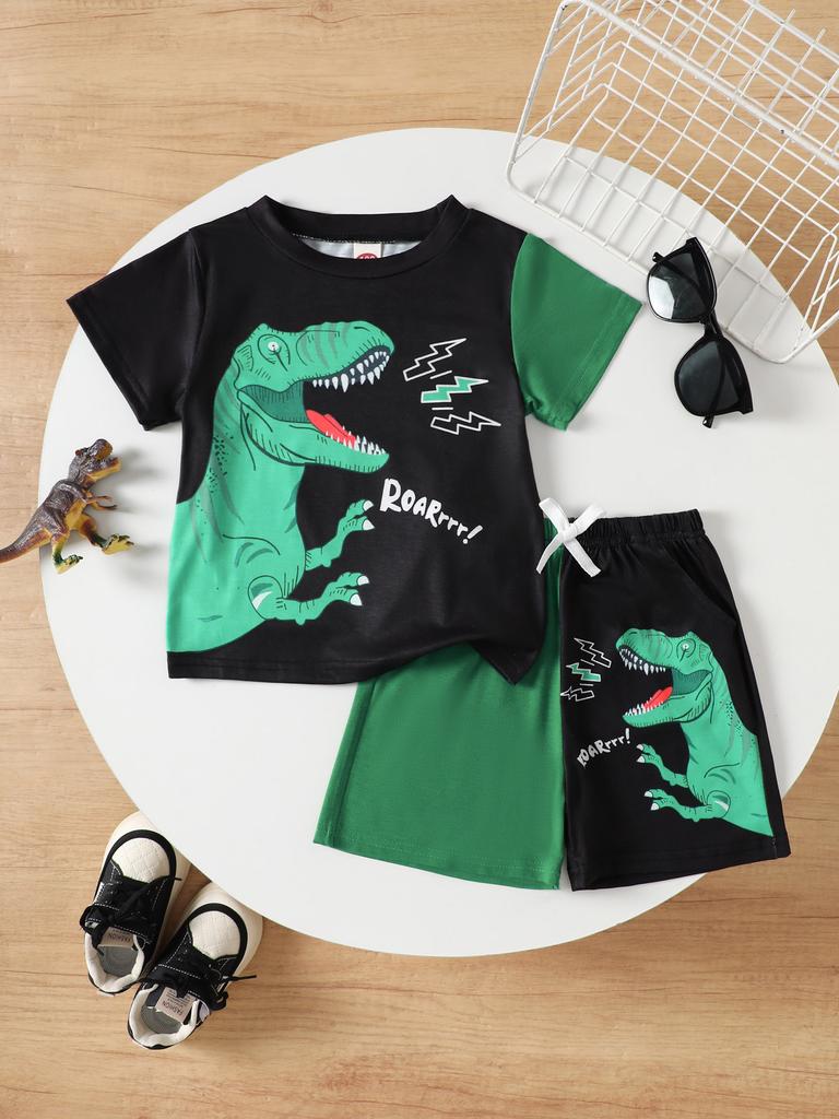 Boys Summer Clothes Set Dinosaur ROAR Print Color Block T-shirt Shorts 2Pcs Toddler Kids Breathable Sporty Casual Outfit
