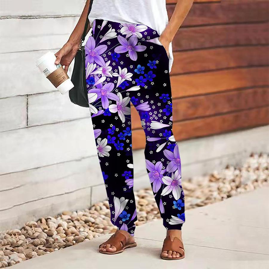 Dámské kalhoty s květinovým potiskem na šněrování s elastickým pasem volné kalhoty ležérní dlouhé kalhoty kalhoty s kapsami