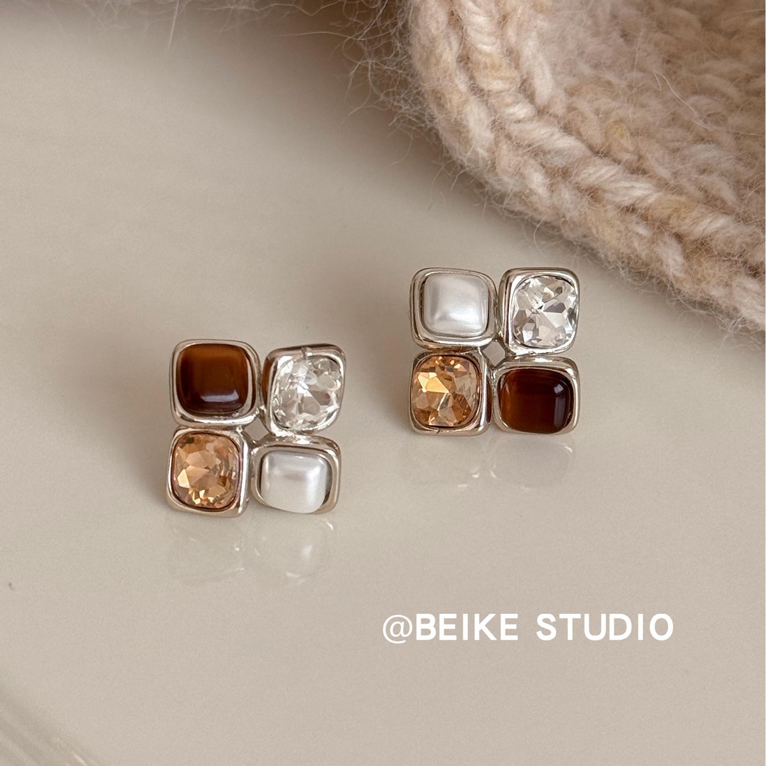 Geometric Square Pearl Crystal Earrings Retro New Jewelry