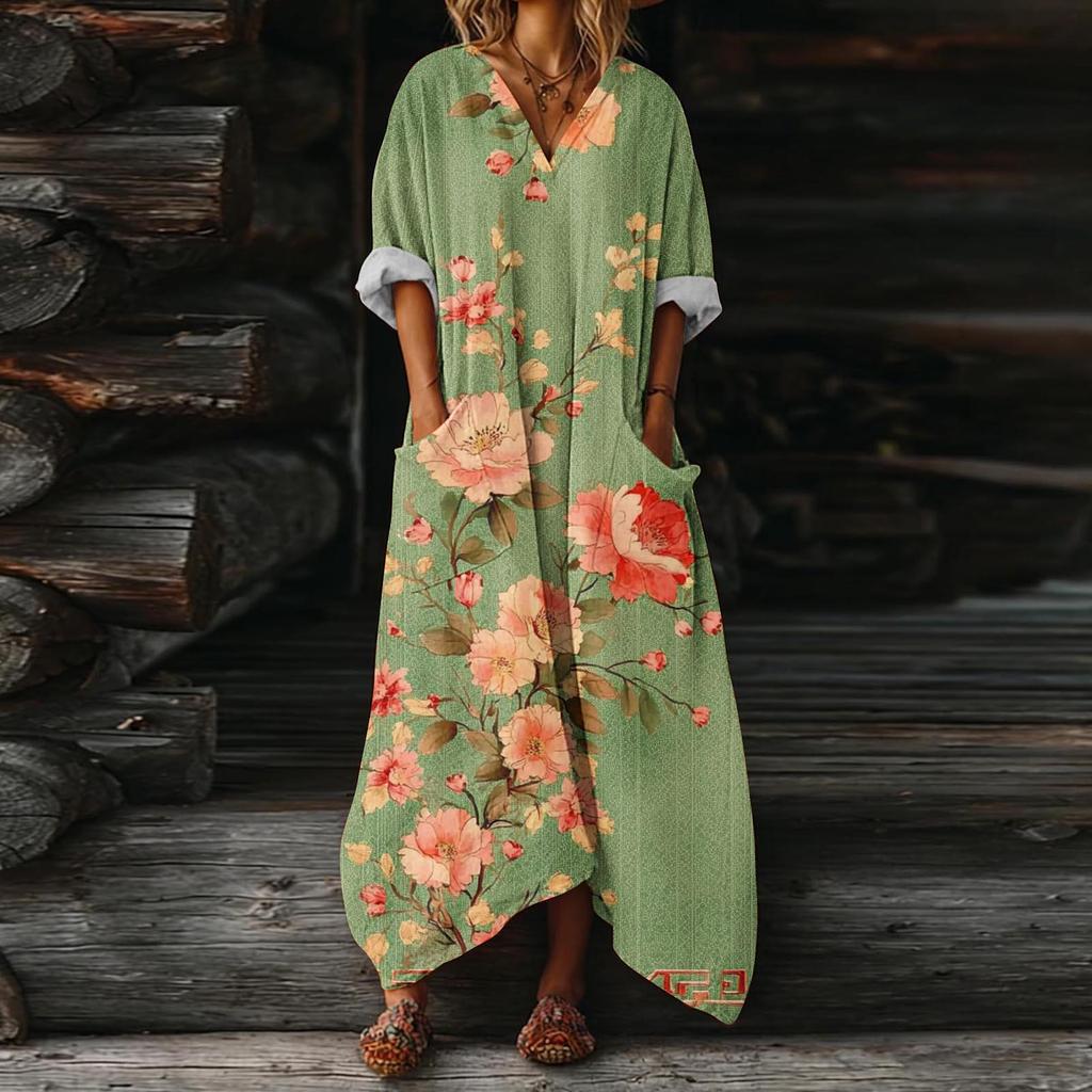 Damesjurk, casual, zwierige jurk met V-hals, vakantiejurk, boho-jurk, strandjurk, zomerjurk