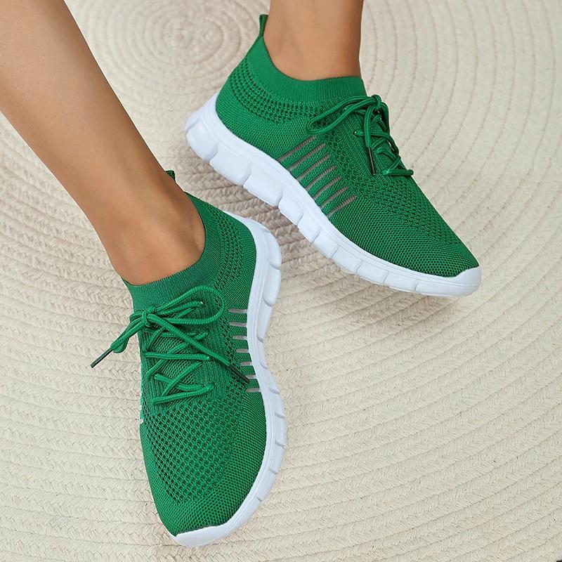 Fashion Green Soft Sole Knit Walking Shoes for Women 2025 Comfortable Breathable Mesh Sneakers Woman Plus Size Lightweight Casual Flats