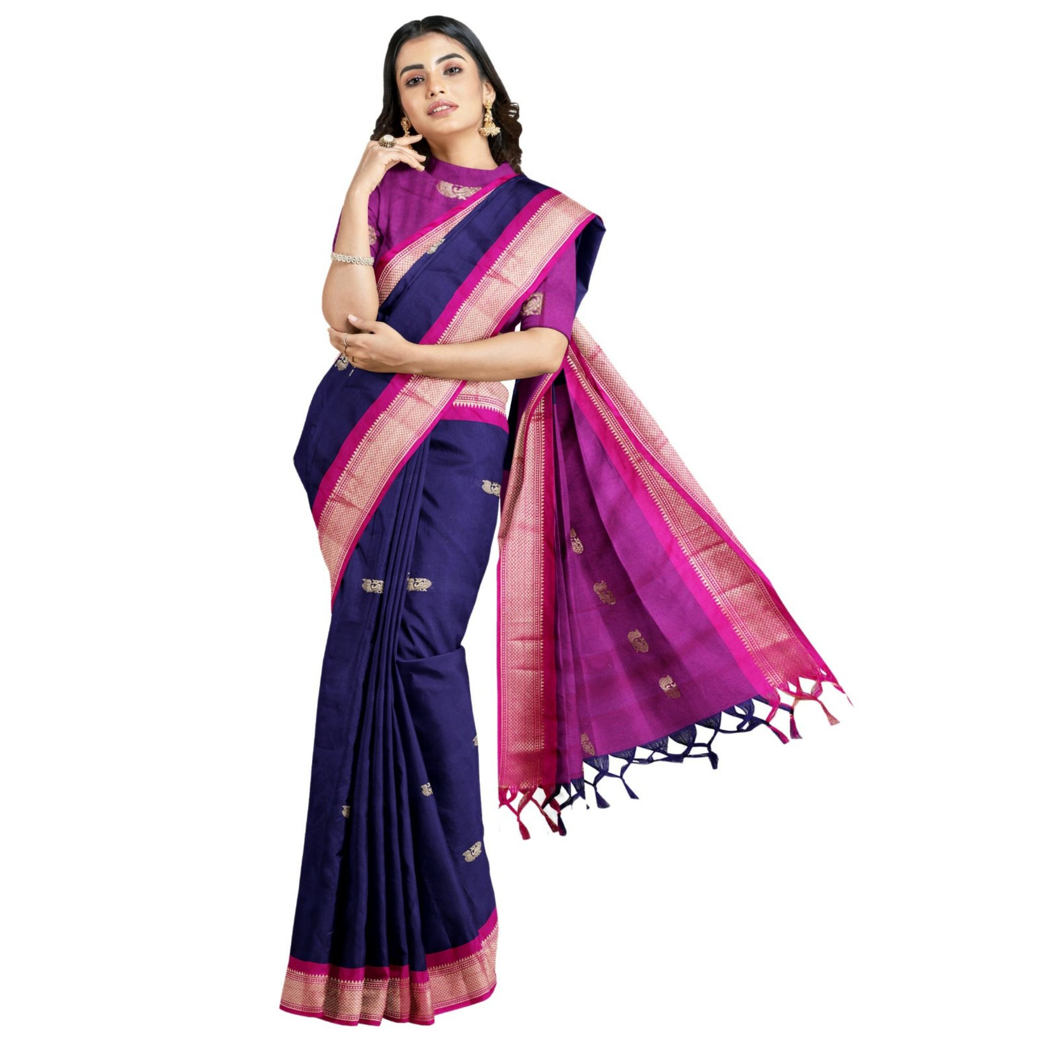 

Индийское традиционное шелковое сари пайтани с небольшой каймой Мины и сари из чистого шелка ручной работы с Pure Zari Work