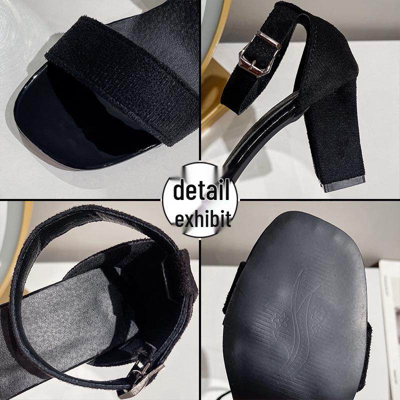 Elegant Suede Thick-Heeled One-Strap Sandals for Women: Versatile Black and Red, 2026 Summer Collection